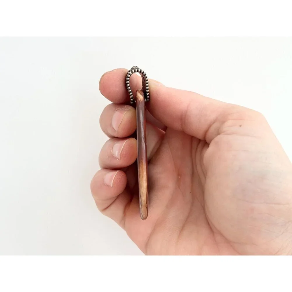 Polished Brown Crystal Free-Form Shaped Large Silver Toned Vintage Pendant